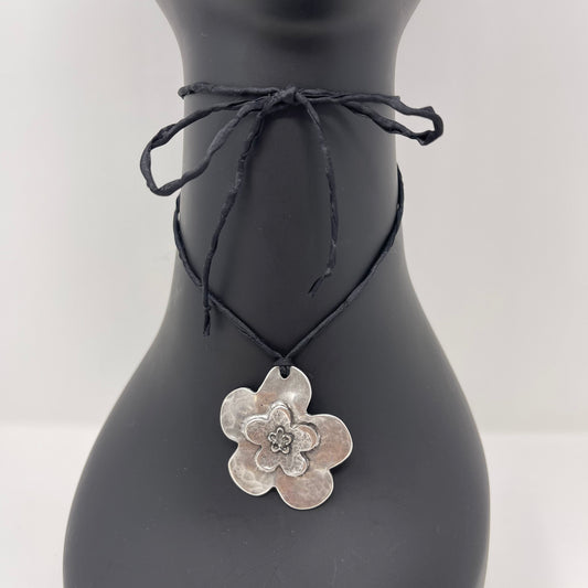 Silver Flower Pendant Necklace - Black