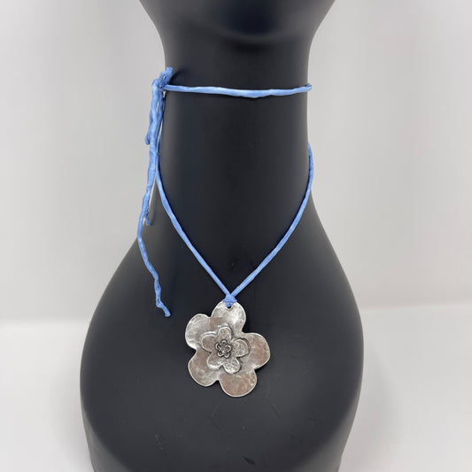 Silver Flower Pendant Necklace - Light Sky Blue