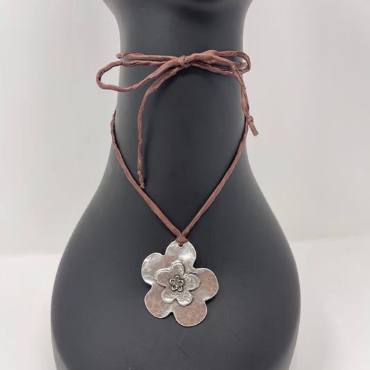 Silver Flower Pendant Necklace - Chocolate Brown