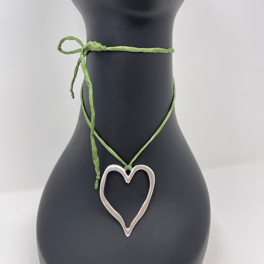 Silver Heart Pendant Necklace - Green