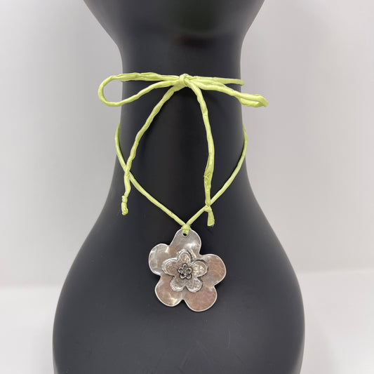 Silver Flower Pendant Necklace - Light Lime Green