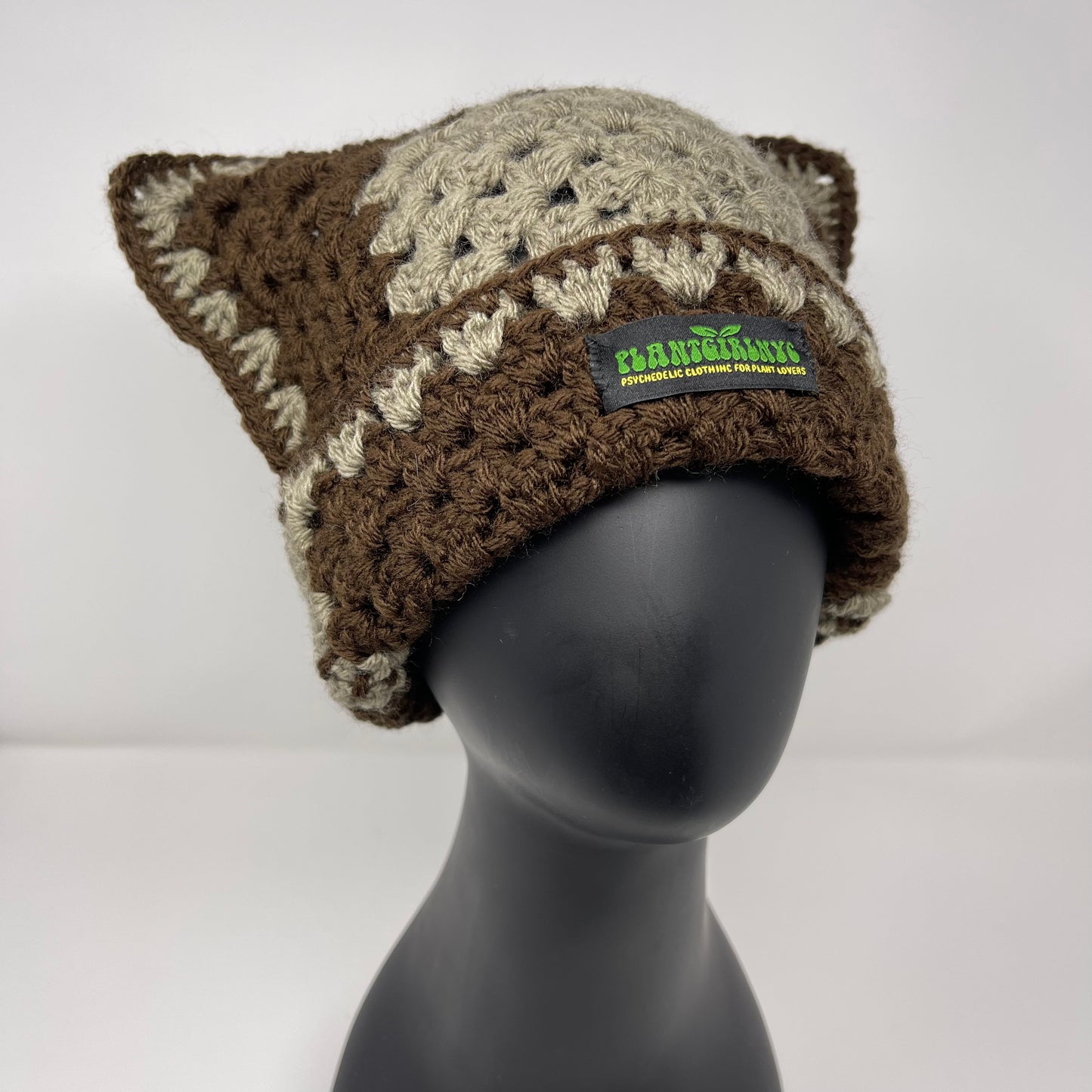 Crochet Cat Hat - Dark Brown & Taupe