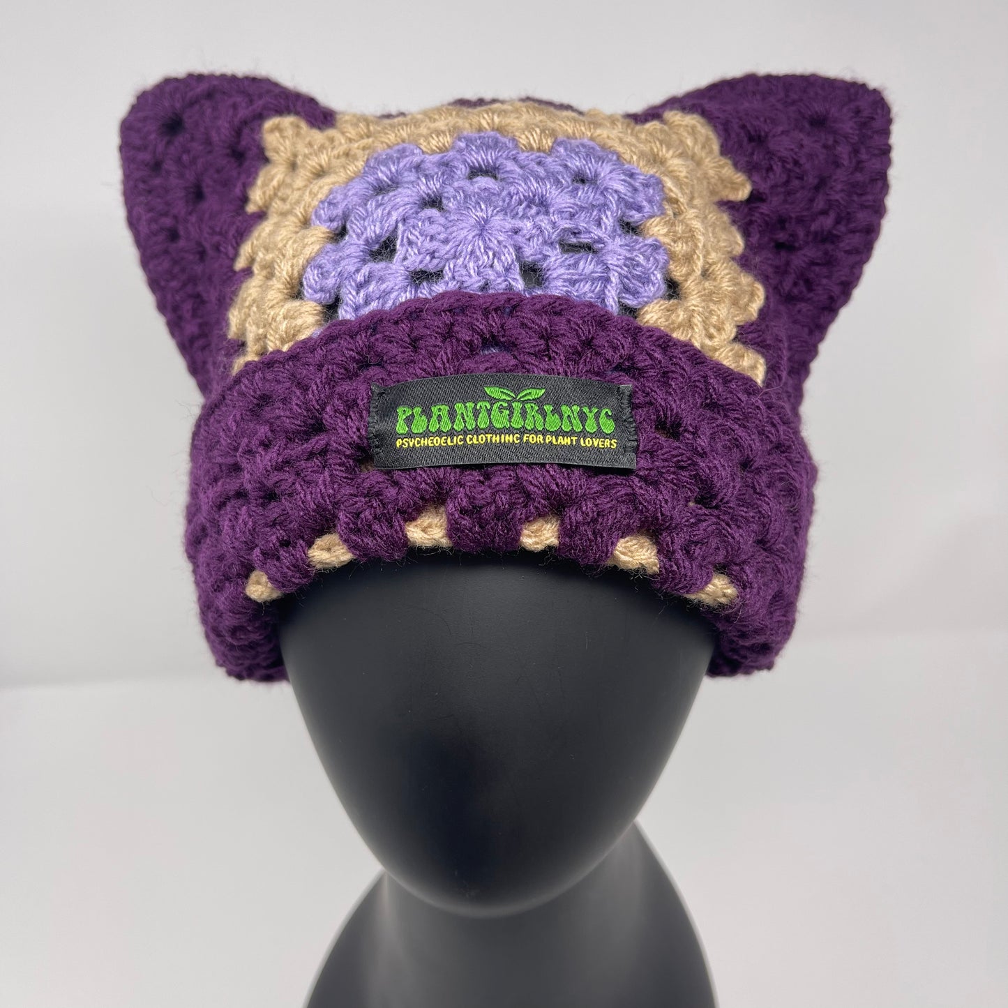 Crochet Cat Hat - Dark Purple, Taupe & Lilac