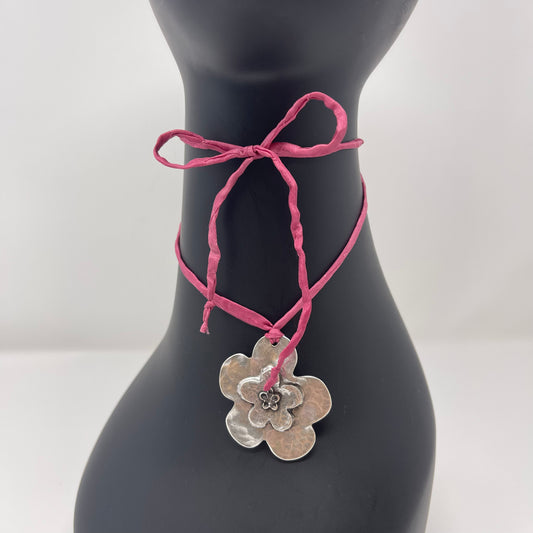 Silver Flower Pendant Necklace - Rose