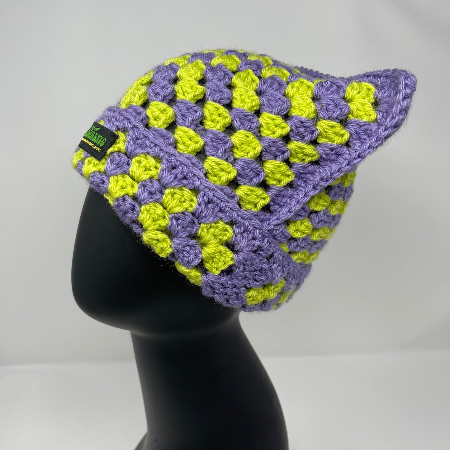 Crochet Cat Hat - Lilac & Bright Green