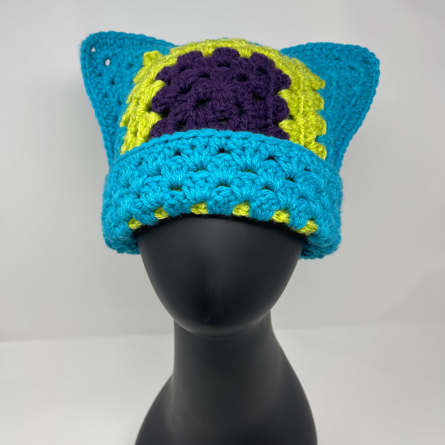 Crochet Cat Hat - Bright Blue, Dark Purple, Lime