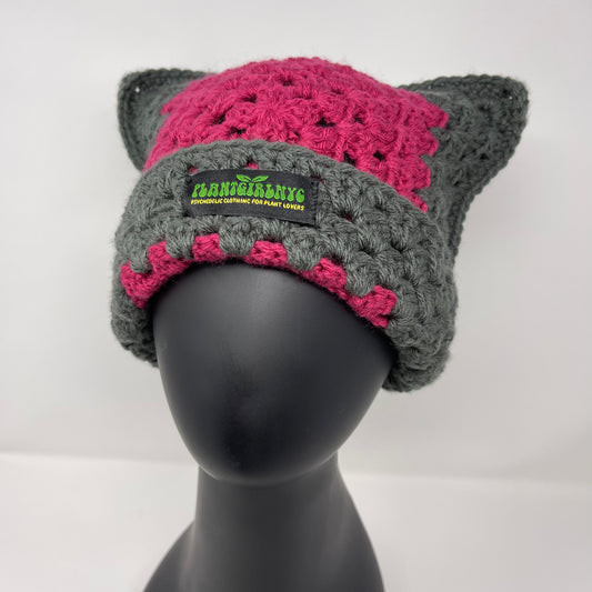 Crochet Cat Hat - Dark Grey, Magenta, Lime