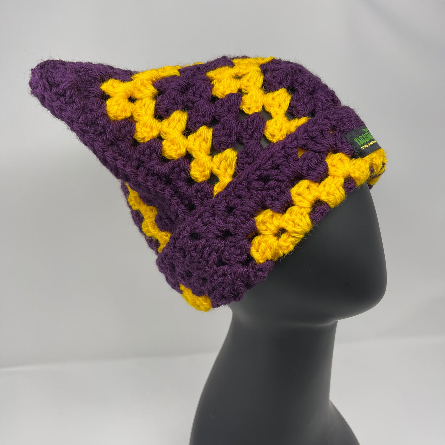 Crochet Cat Hat - Dark Purple & Golden Yellow