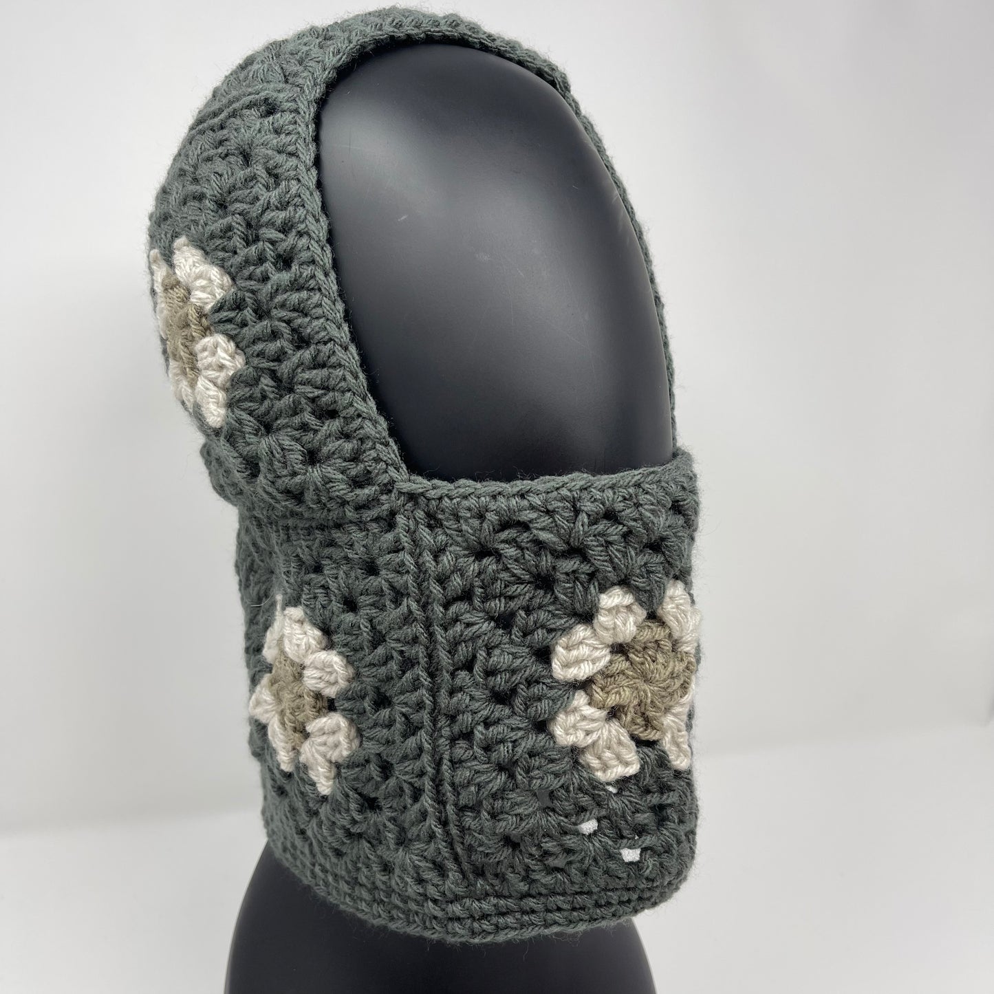 Crochet Balaclava - Dark Grey with Grey tone Flowers