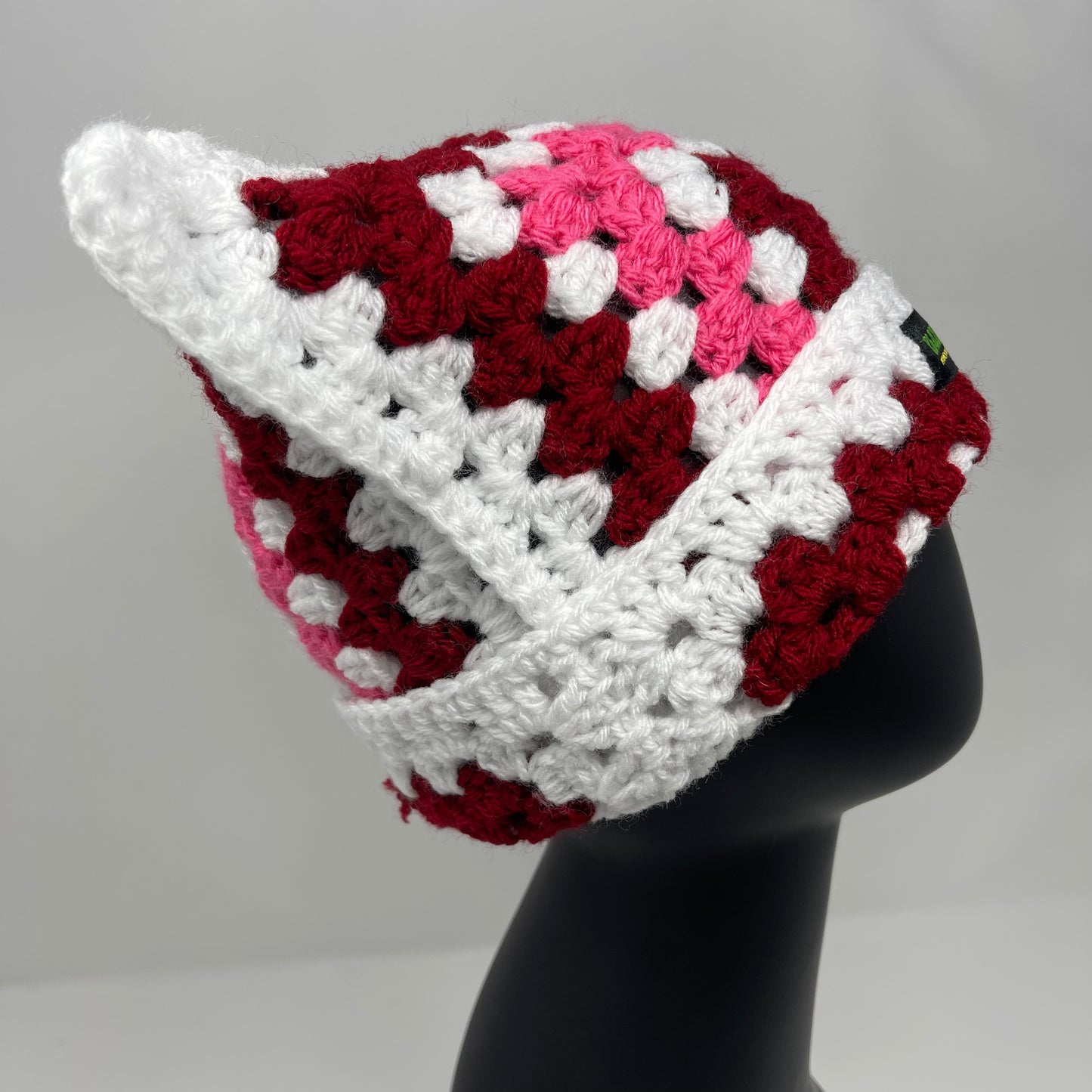 Crochet Cat Hat - White, Red, and Pink