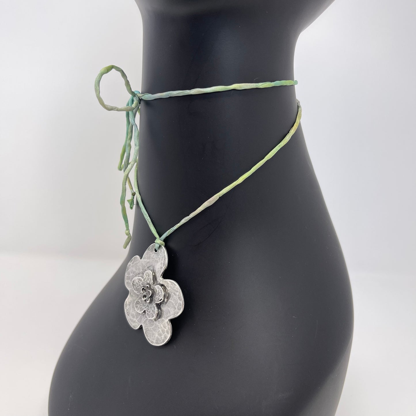 Silver Flower Pendant Necklace - Tie-dye Green