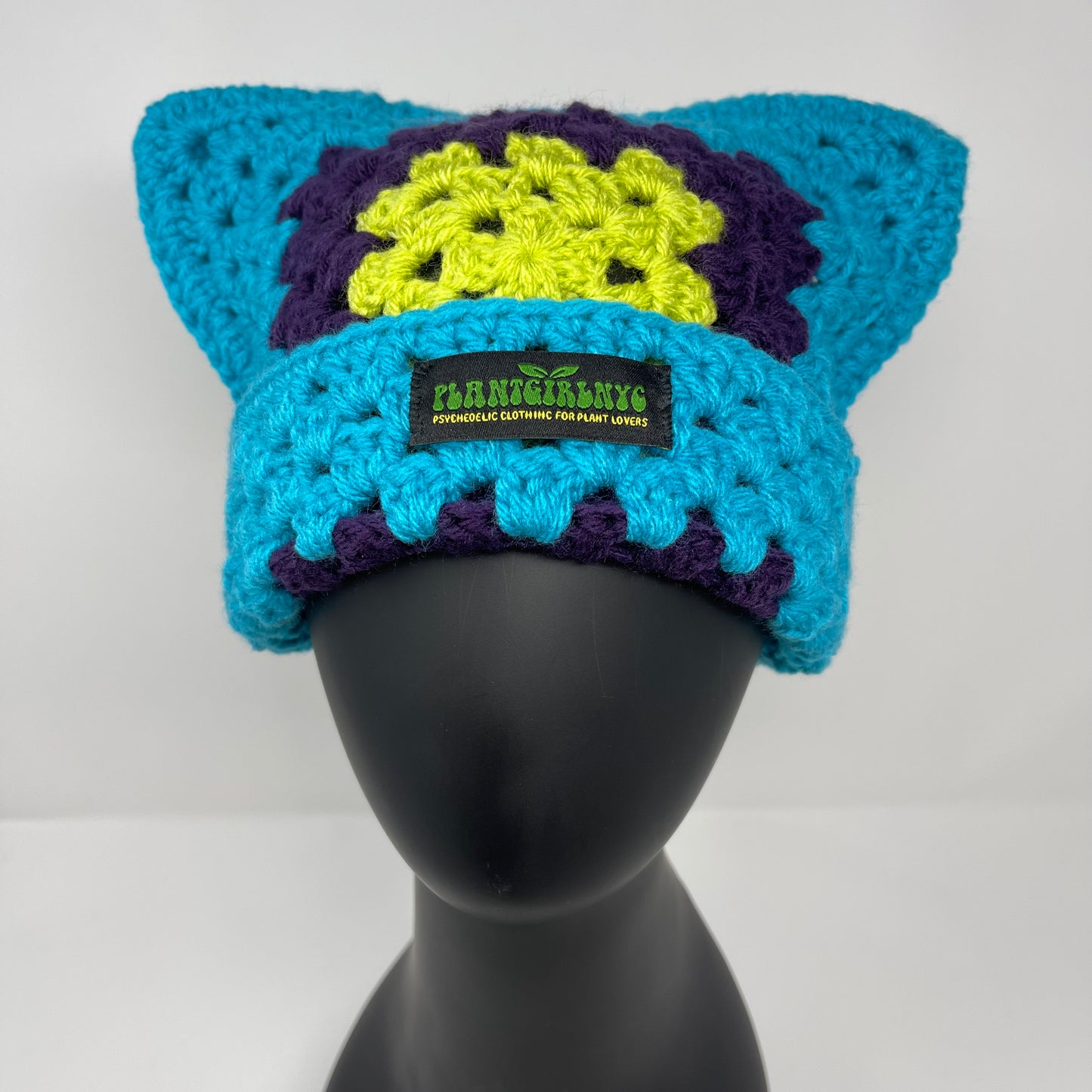 Crochet Cat Hat - Bright Blue, Dark Purple, Lime