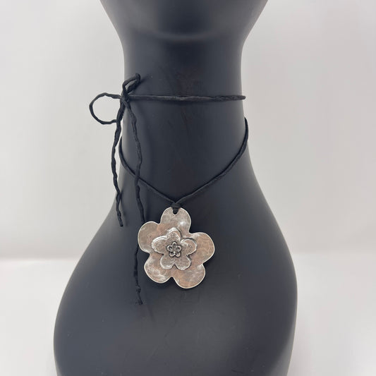 Silver Flower Pendant Necklace - Black