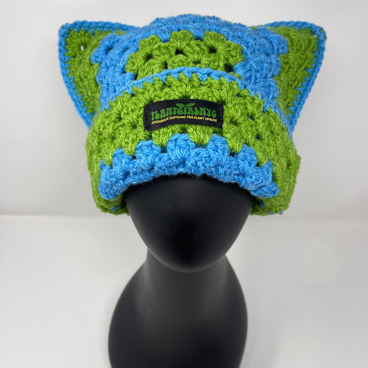 Crochet Cat Hat - Light Blue & Green