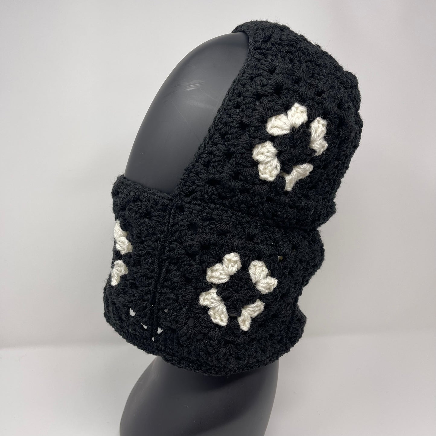 Crochet Balaclava - Black with White Flowers
