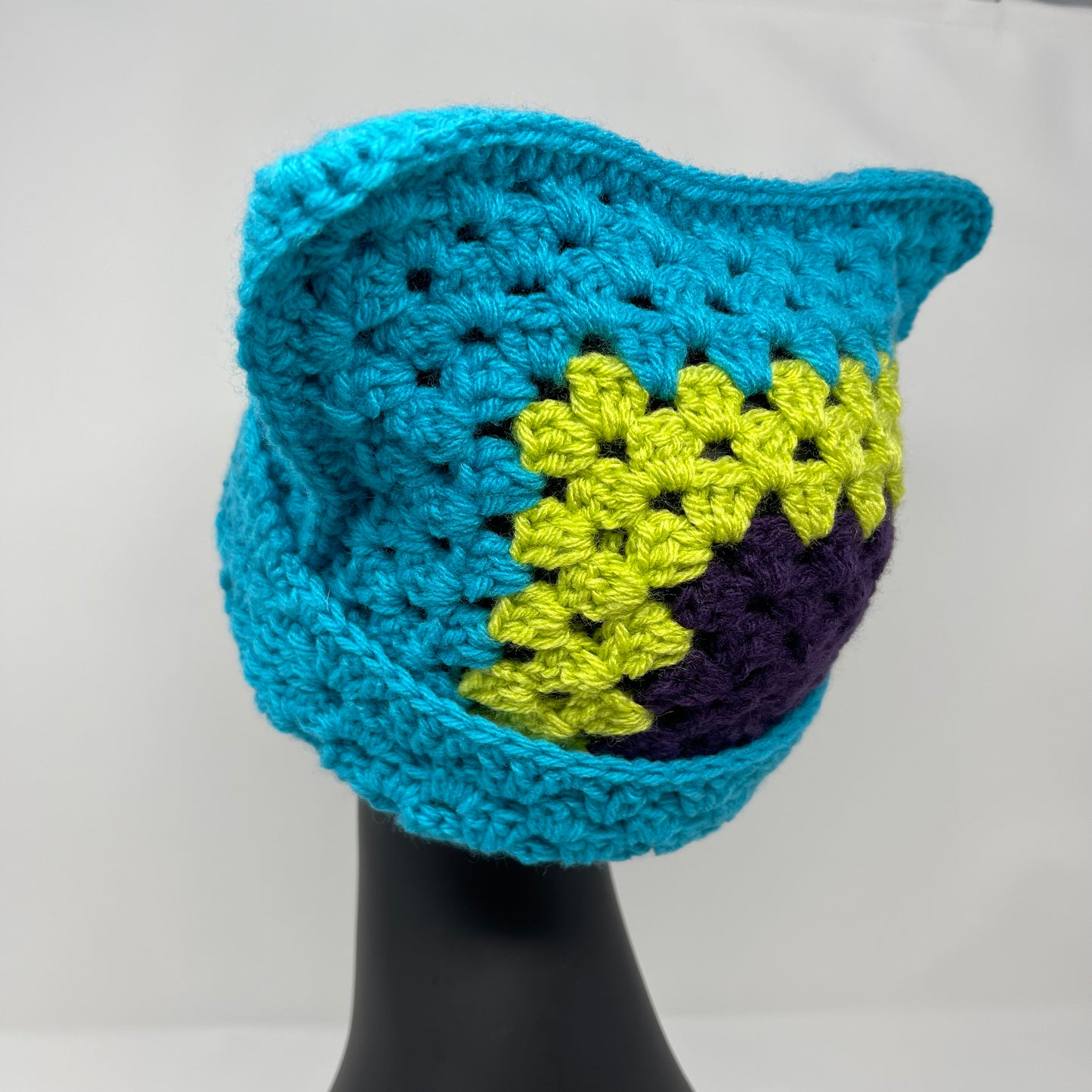 Crochet Cat Hat - Bright Blue, Dark Purple, Lime