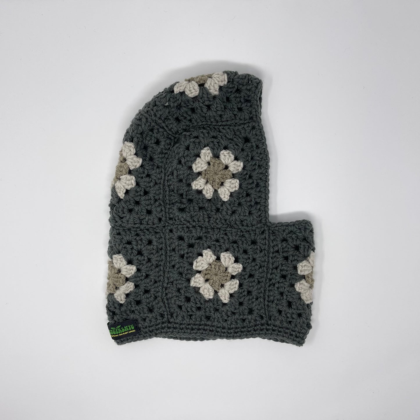 Crochet Balaclava - Dark Grey with Grey tone Flowers