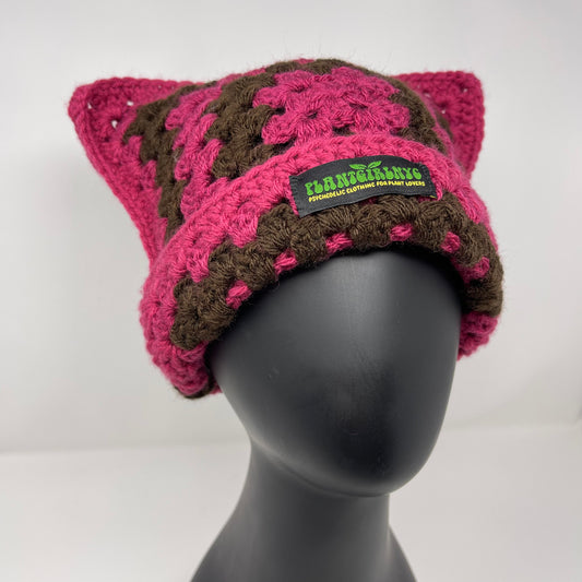 Crochet Cat Hat - Magenta & Dark Brown