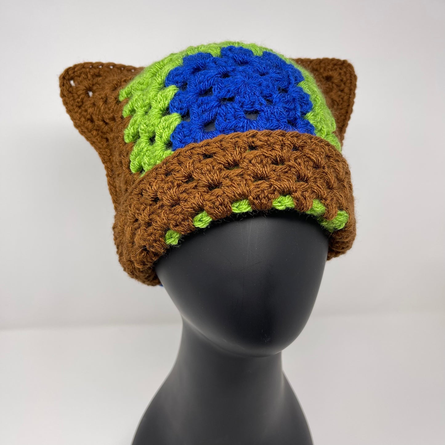 Crochet Cat Hat - Brown, Green, & Blue