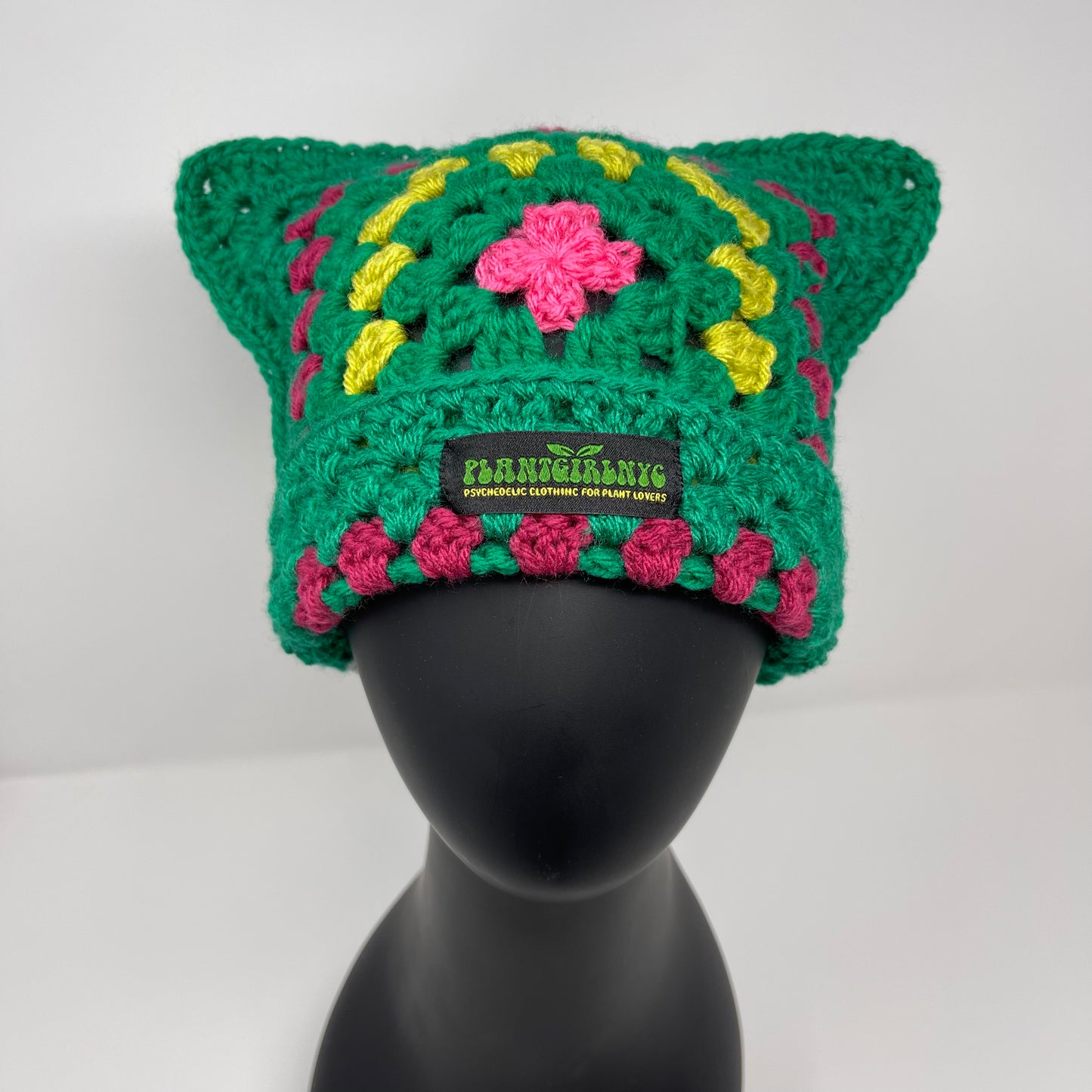Crochet Cat Hat - Green with Accent Colors