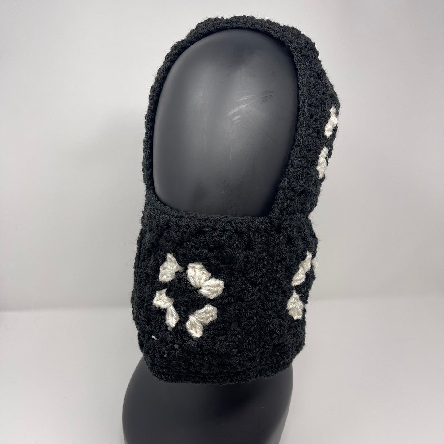 Crochet Balaclava - Black with White Flowers