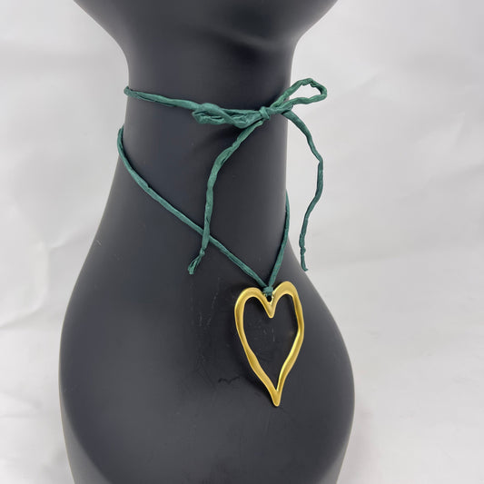 Gold Heart Pendant Necklace - Forest Green